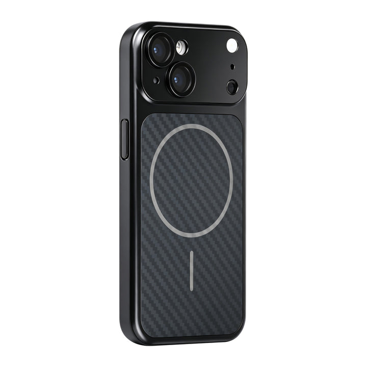 Zwart TUNIQ telefoonhoesje met diagonaal patroon en ring, van achteren op een telefoon