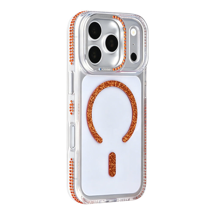 Transparant TUNIQ telefoonhoesje met oranje glitters langs de rand en gebogen ring, van achteren op een telefoon
