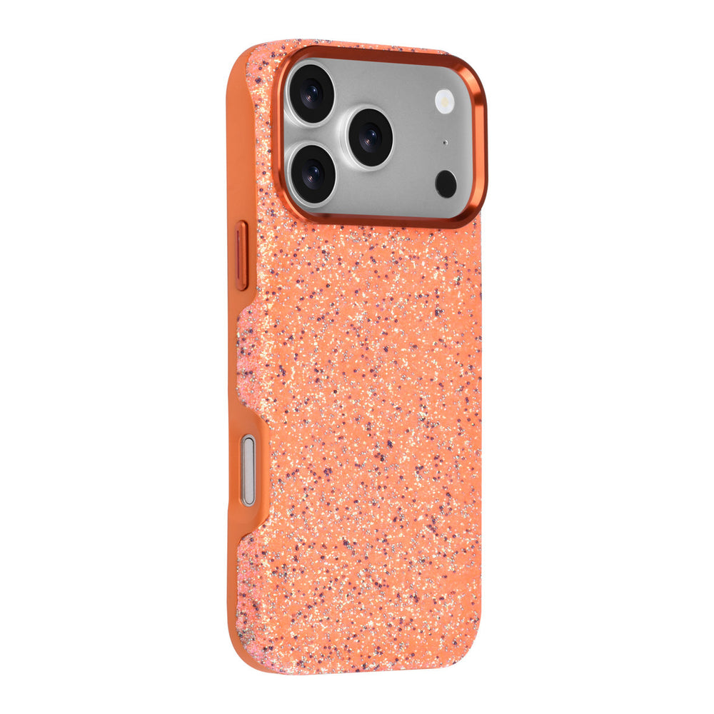 Oranje TUNIQ telefoonhoesje met glitters, van achteren op een telefoon