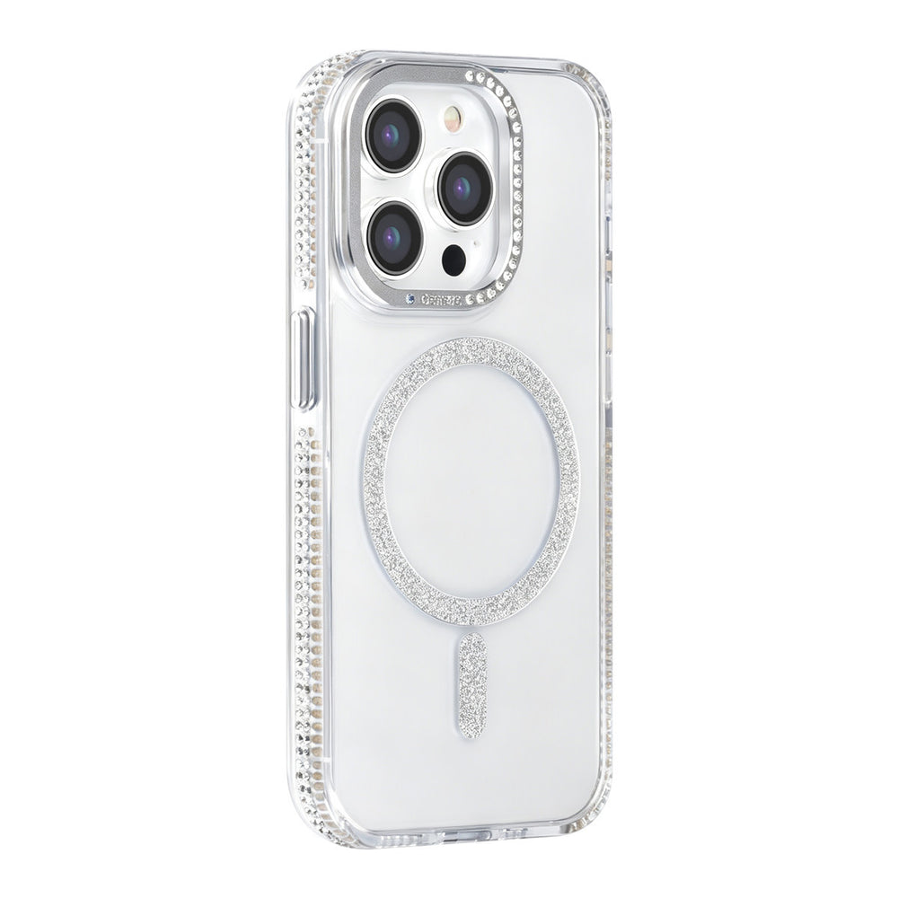 Transparant TUNIQ telefoonhoesje met zilverkleurige glitterring en rand, van achteren op een telefoon