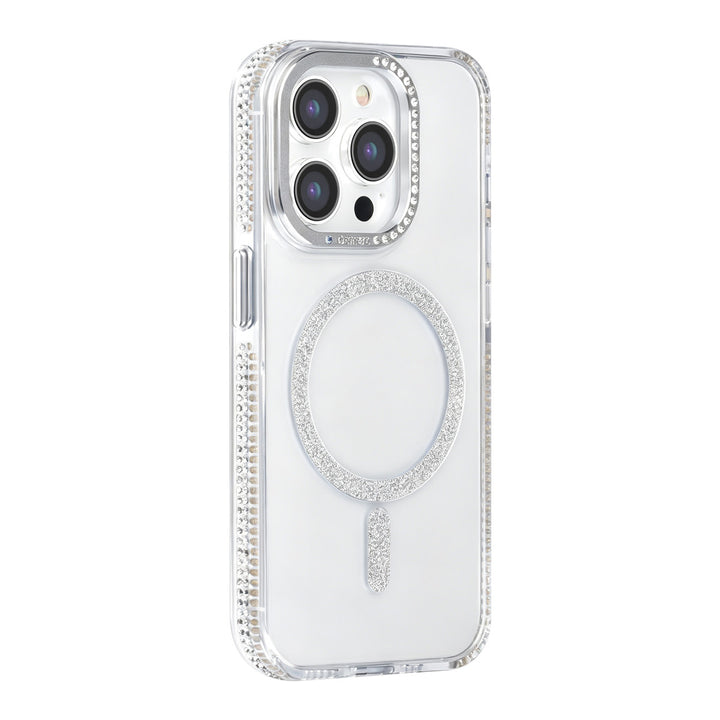 Transparant TUNIQ telefoonhoesje met zilverkleurige glitterring en rand, van achteren op een telefoon