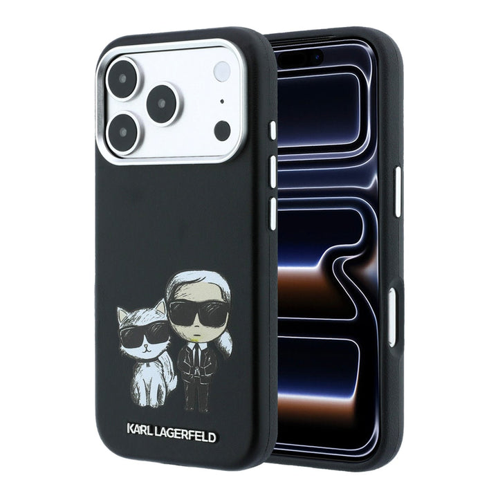 Zwart Karl Lagerfeld telefoonhoesje met figuren van Karl en Choupette, voor- en achterkant op een telefoon
