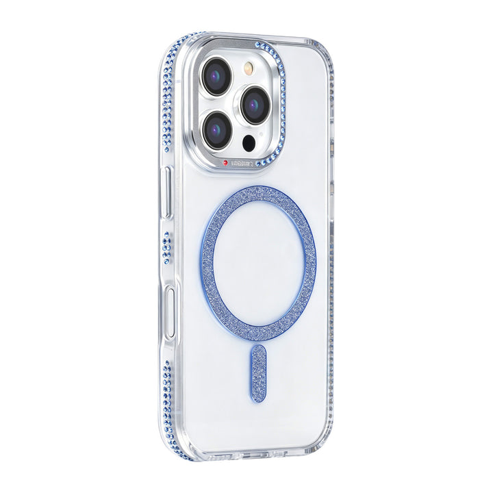 Transparant TUNIQ telefoonhoesje met blauwe glitterring en rand, van achteren op een telefoon
