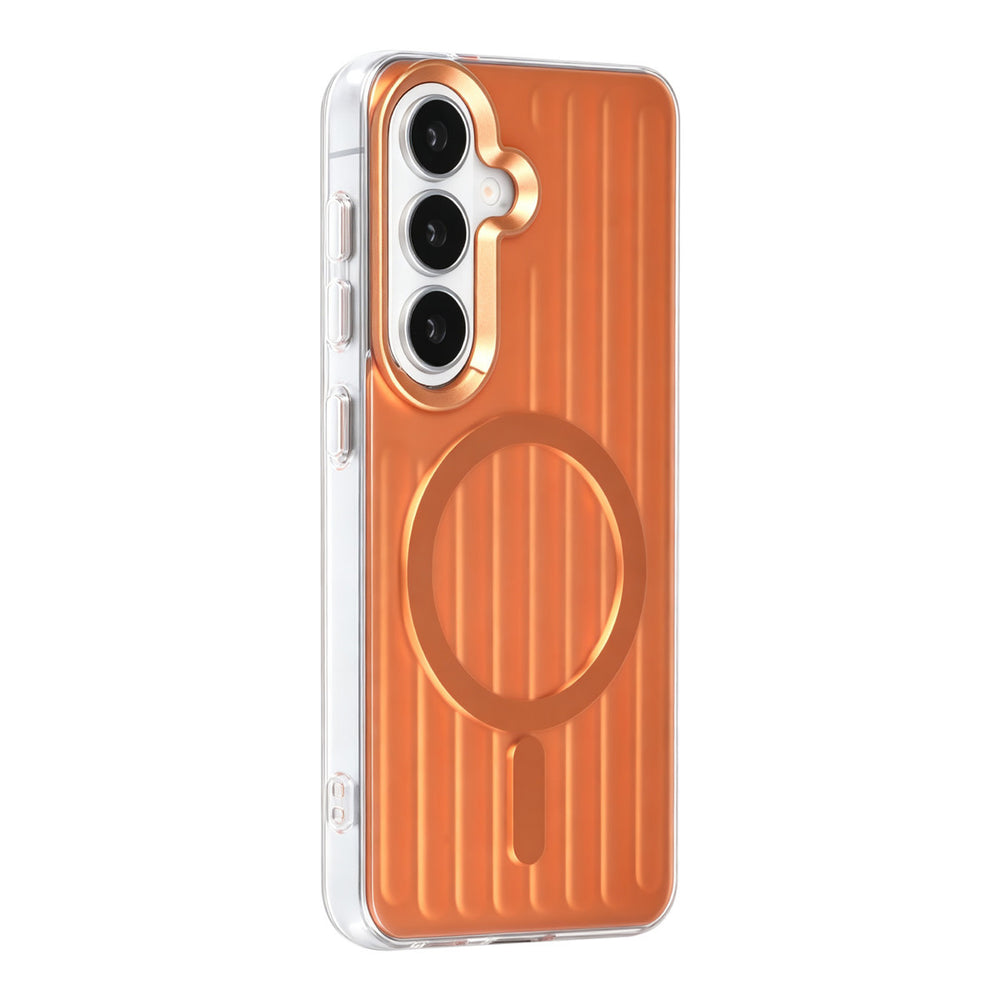 Oranje TUNIQ telefoonhoesje met verticale ribbels en ring, van achteren op een telefoon