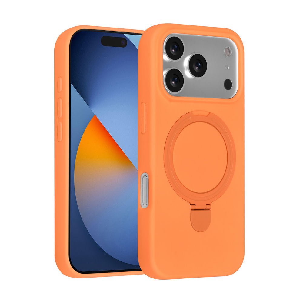 Oranje TUNIQ telefoonhoesje met ringstandaard, voor- en achterkant op een telefoon