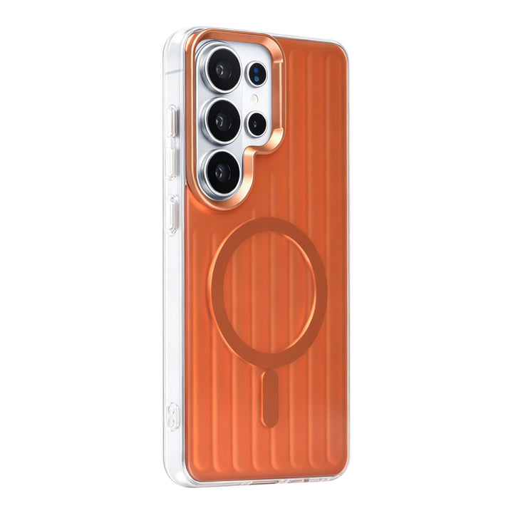 Oranje TUNIQ telefoonhoesje met verticale ribbels en ring, van achteren op een telefoon