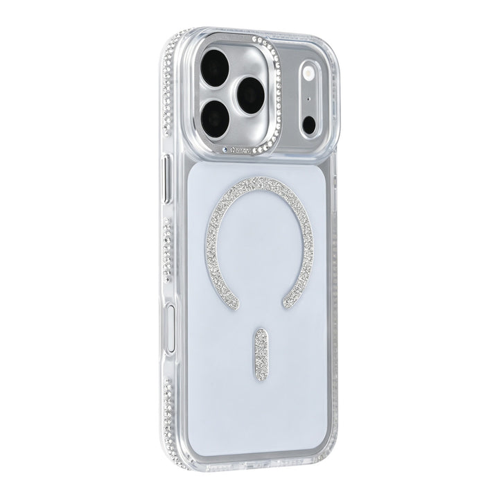 Transparant TUNIQ telefoonhoesje met zilverkleurige glitters langs de rand en gebogen ring, van achteren op een telefoon