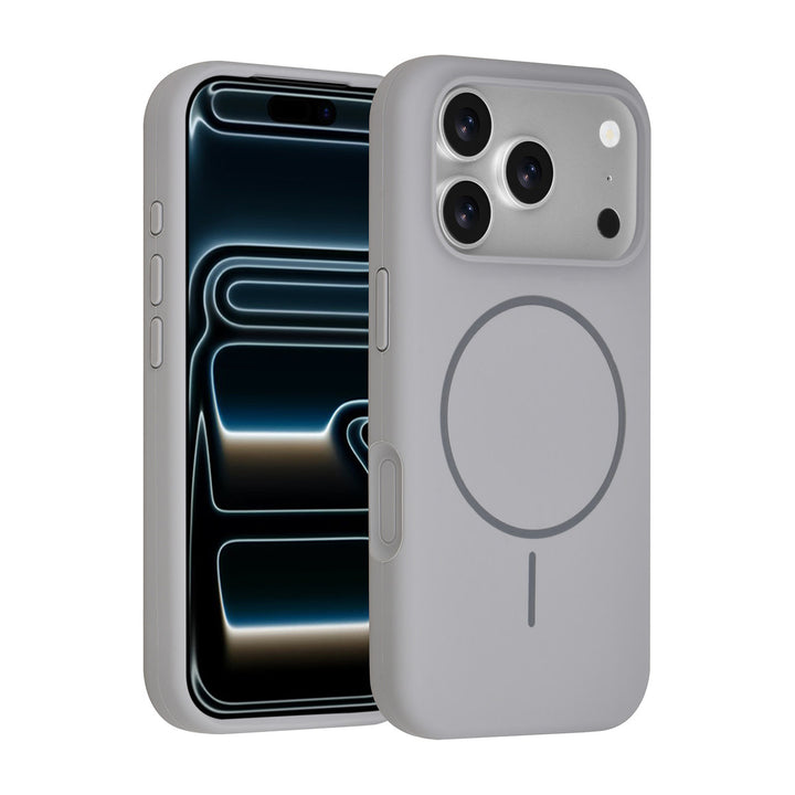 Grijs TUNIQ telefoonhoesje met ring, voor- en achterkant op een telefoon