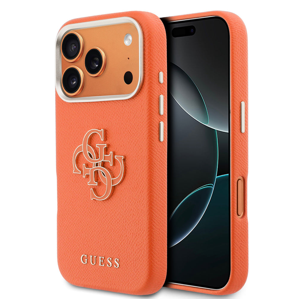Oranje Guess telefoonhoesje met groot goudkleurig 4G-logo, voor- en achterkant op een telefoon