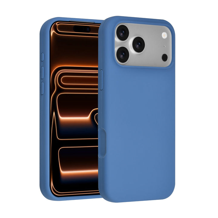 Blauw TUNIQ telefoonhoesje, voor- en achterkant op een telefoon