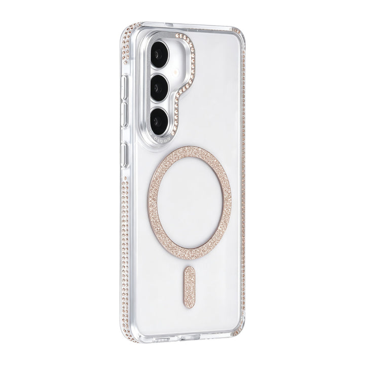 Transparant TUNIQ telefoonhoesje met goudkleurige glitterring en rand, van achteren op een telefoon