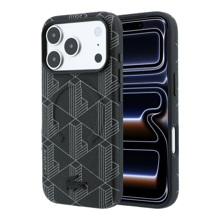 Zwart Lacoste telefoonhoesje met geometrisch patroon, voor- en achterkant op een telefoon