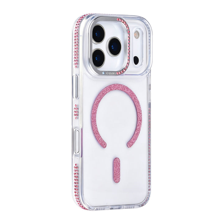 Transparant TUNIQ telefoonhoesje met roze glitters langs de rand en gebogen ring, van achteren op een telefoon