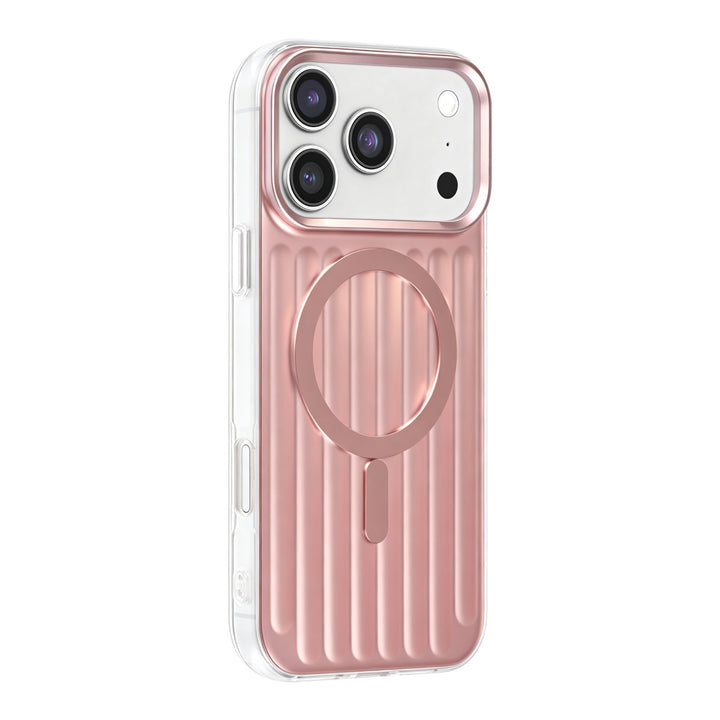Roze TUNIQ telefoonhoesje met verticale ribbels en ring, van achteren op een telefoon