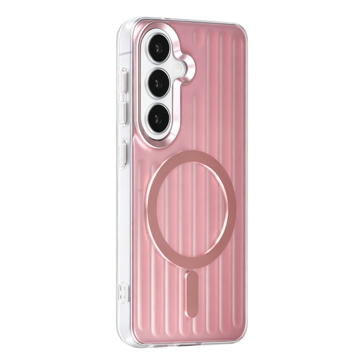 Roze TUNIQ telefoonhoesje met verticale ribbels en ring, van achteren op een telefoon