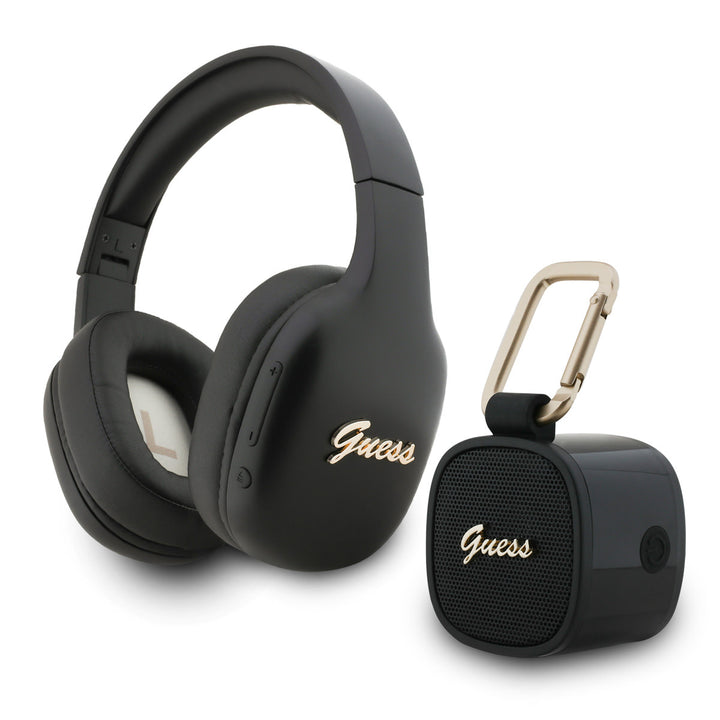 Zwarte Guess koptelefoon en compacte speaker met goudkleurige logo’s