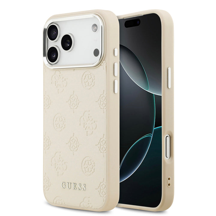 Beige Guess telefoonhoesje met bloemenpatroon en klassiek logo, voor- en achterkant op een telefoon