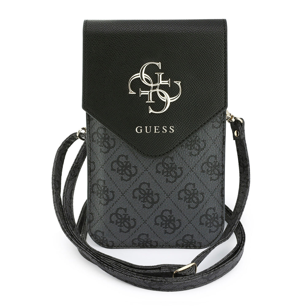 Zwarte Guess telefoontas met 4G-patroon, groot logo, klep en schouderriem