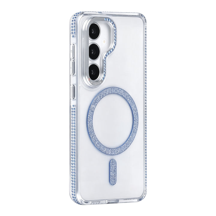 Transparant TUNIQ telefoonhoesje met blauwe glitterring en rand, van achteren op een telefoon