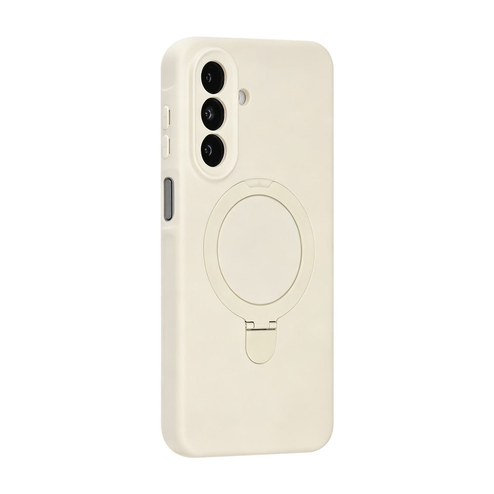 Crèmekleurig TUNIQ telefoonhoesje met ringstandaard, van achteren op een telefoon