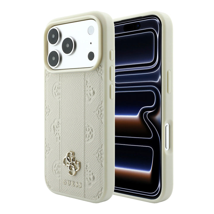Beige Guess telefoonhoesje met bloemenpatroon, verticale banen en 4G-logo, voor- en achterkant op een telefoon
