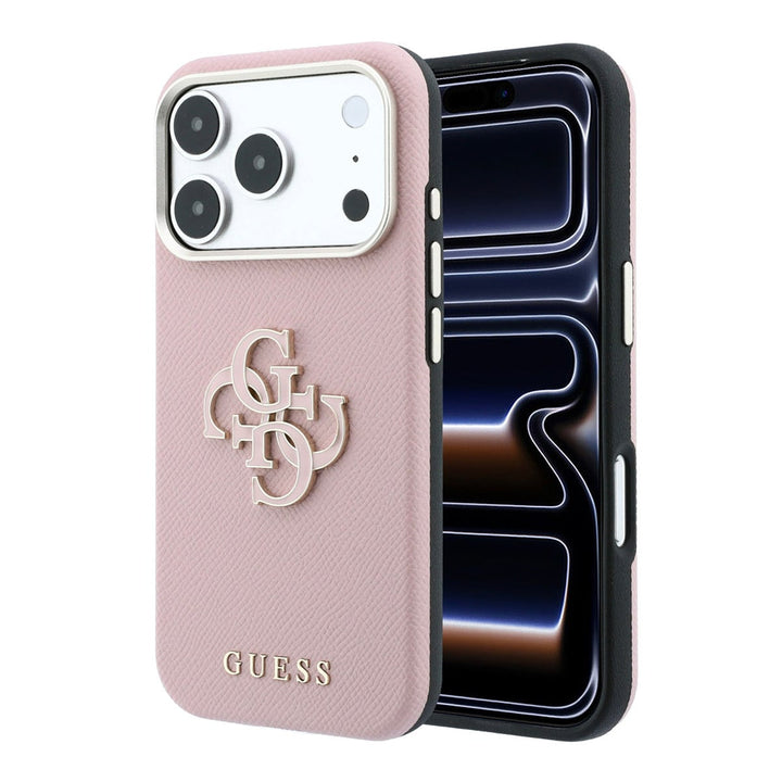 Roze Guess telefoonhoesje met groot 4G-logo, voor- en achterkant op een telefoon