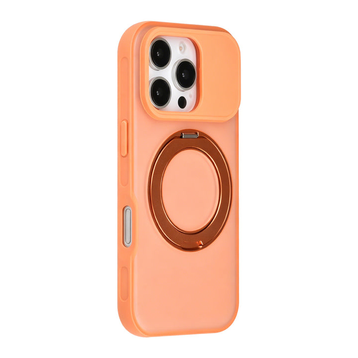 Oranje TUNIQ telefoonhoesje met glanzende ringstandaard, van achteren op een telefoon
