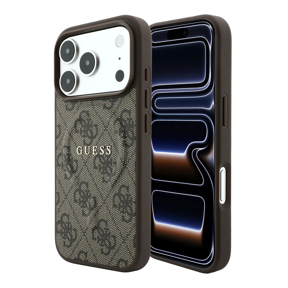 Bruin Guess telefoonhoesje met 4G-patroon en schriftlogo, voor- en achterkant op een telefoon