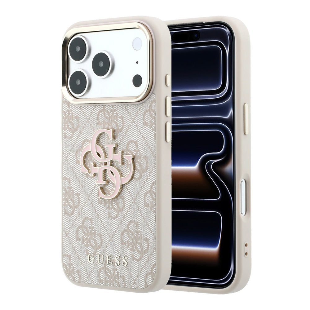 Lichtgekleurd Guess telefoonhoesje met 4G-patroon en groot 4G-logo, voor- en achterkant op een telefoon