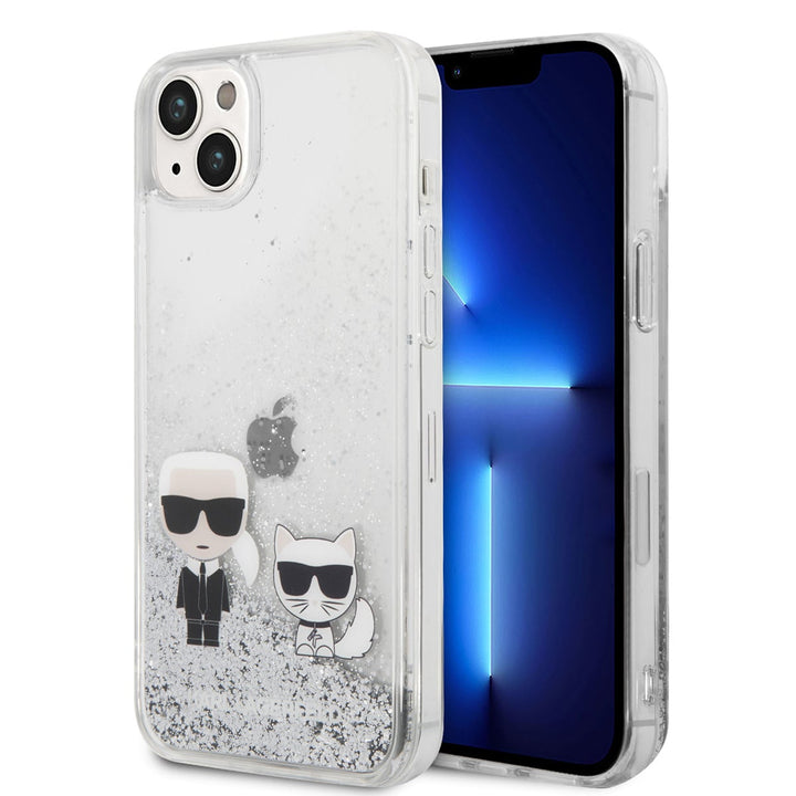 Transparant Karl Lagerfeld telefoonhoesje met zilverkleurige glitters, Karl en Choupette, voor- en achterkant op een telefoon