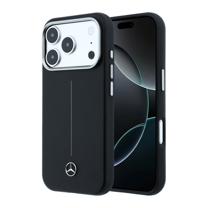 Zwart Mercedes-Benz telefoonhoesje met verticale lijn en Mercedes-logo, voor- en achterkant op een telefoon