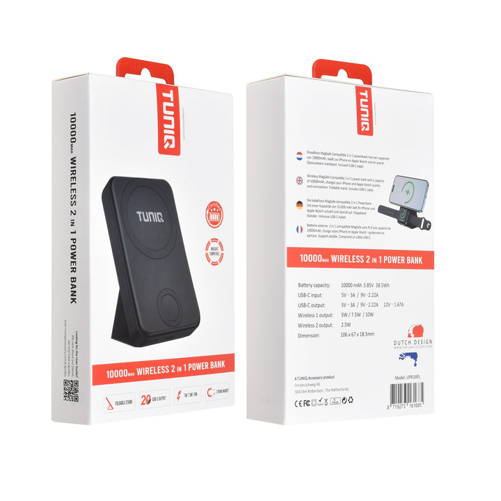 Voor- en achterkant van verpakking van zwarte TUNIQ powerbank met standaard