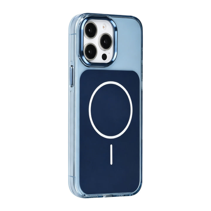 Blauw TUNIQ telefoonhoesje met witte ring, van achteren op een telefoon