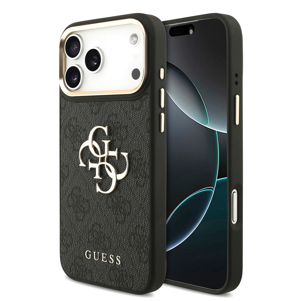 Zwart Guess telefoonhoesje met 4G-patroon en groot goudkleurig logo, voor- en achterkant op een telefoon