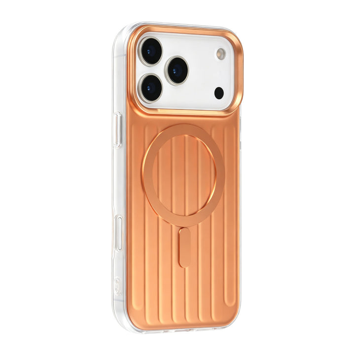 Oranje TUNIQ telefoonhoesje met verticale ribbels en ring, van achteren op een telefoon