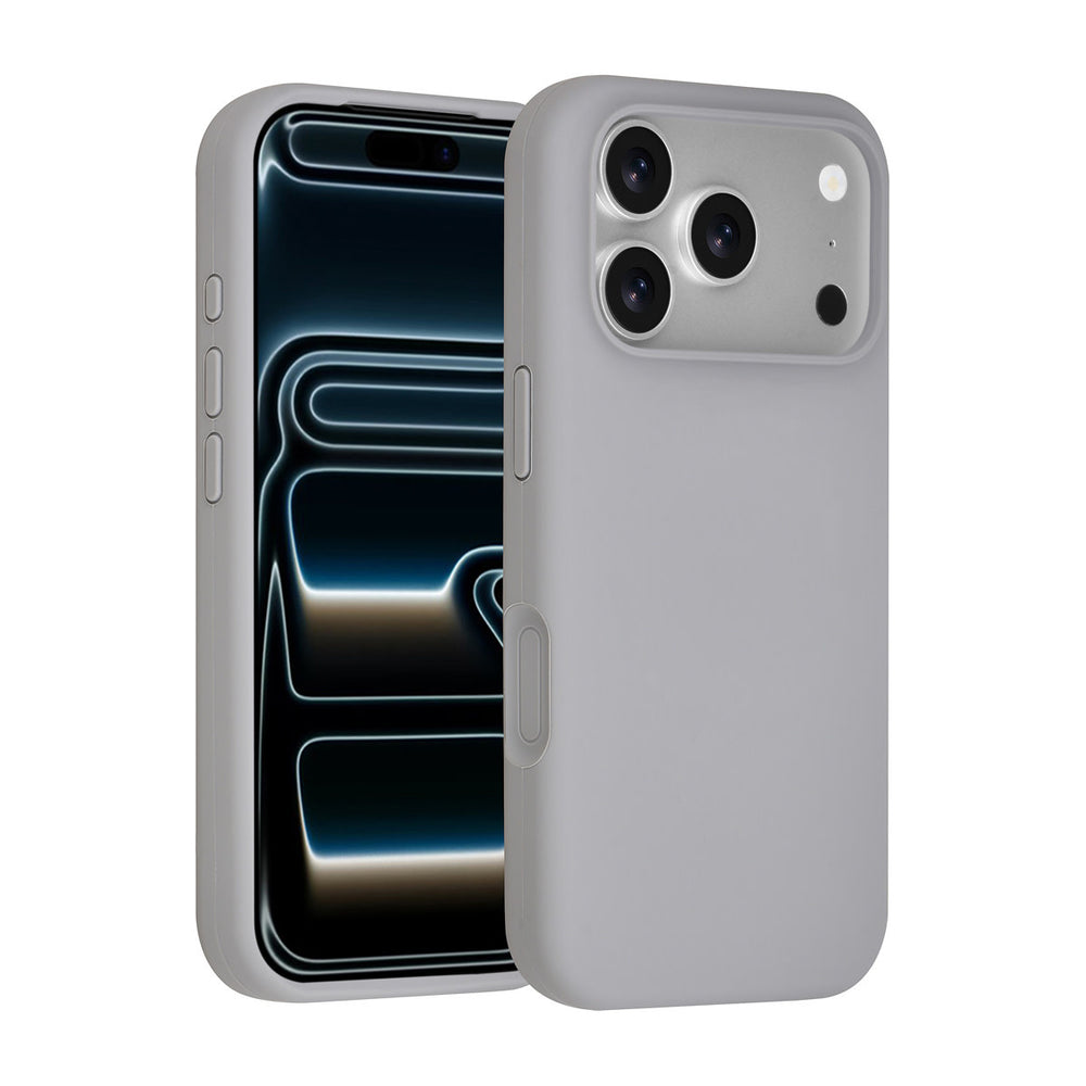 Grijs TUNIQ telefoonhoesje, voor- en achterkant op een telefoon