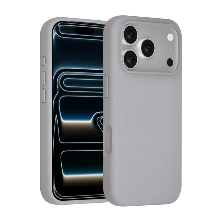 Grijs TUNIQ telefoonhoesje, voor- en achterkant op een telefoon