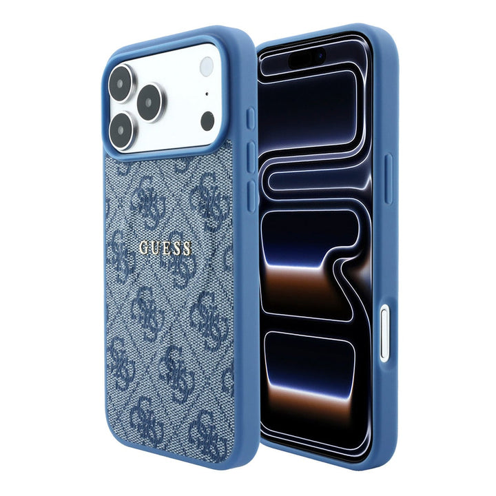 Blauw Guess telefoonhoesje met 4G-patroon en schriftlogo, voor- en achterkant op een telefoon