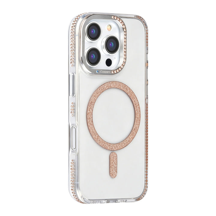 Transparant TUNIQ telefoonhoesje met goudkleurige glitterring en rand, van achteren op een telefoon