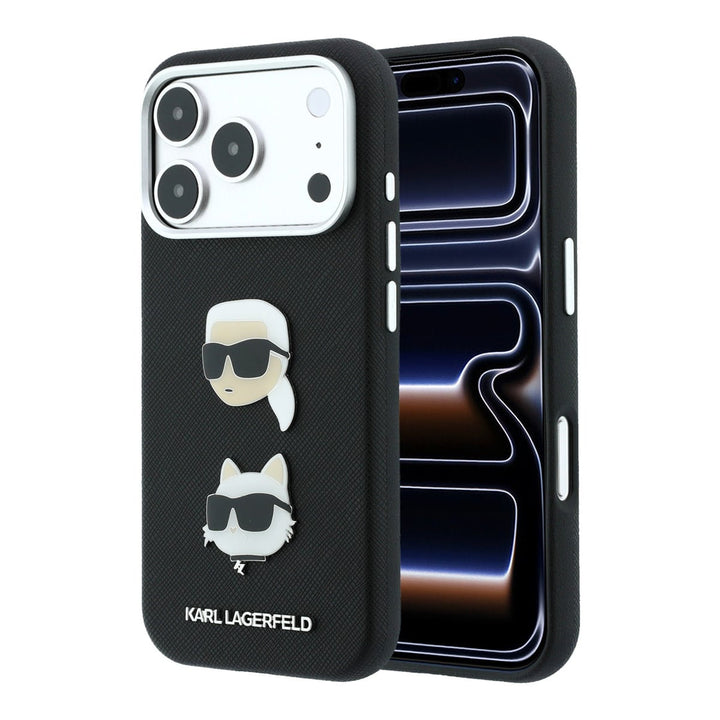 Zwart Karl Lagerfeld telefoonhoesje met hoofden van Karl en Choupette, voor- en achterkant op een telefoon