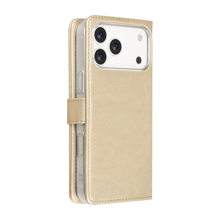Goudkleurige TUNIQ bookcase voor telefoon, voor- en achterkant gesloten