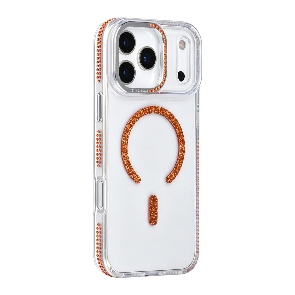 Transparant TUNIQ telefoonhoesje met oranje glitters langs de rand en gebogen ring, van achteren op een telefoon