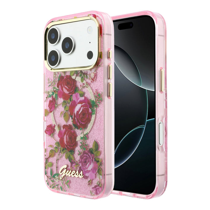 Roze Guess telefoonhoesje met rozenprint, glitters, ring en schriftlogo, voor- en achterkant op een telefoon