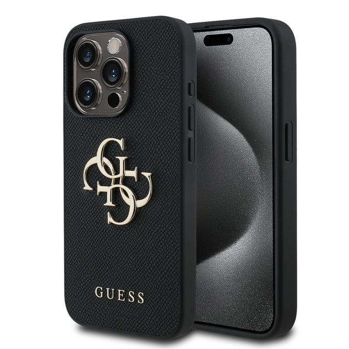 Zwart Guess telefoonhoesje met groot goudkleurig 4G-logo, voor- en achterkant op een telefoon