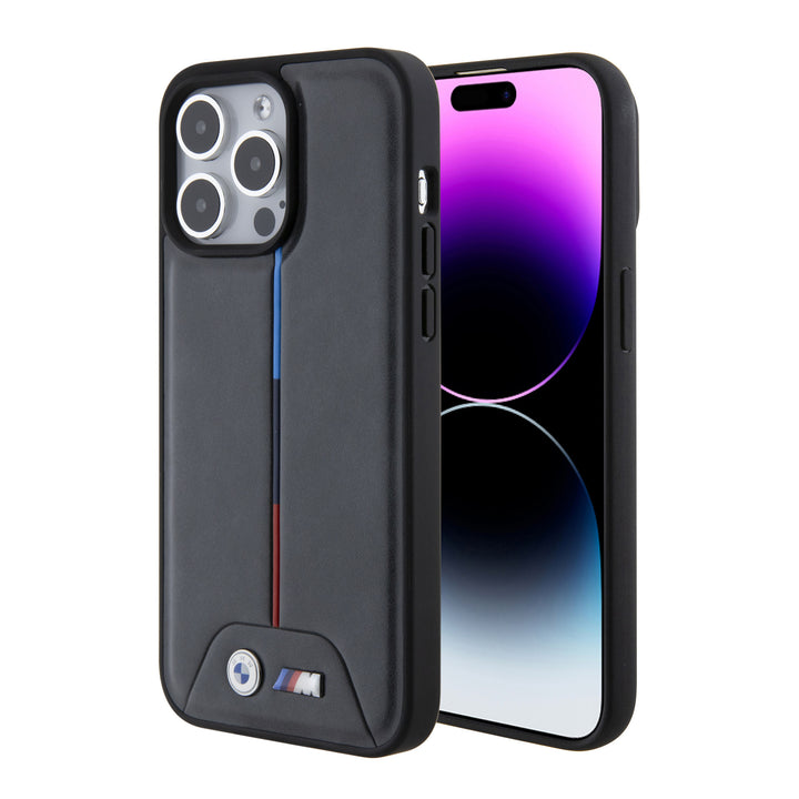 Zwart BMW M telefoonhoesje met rode en blauwe verticale accenten, voor- en achterkant op een telefoon