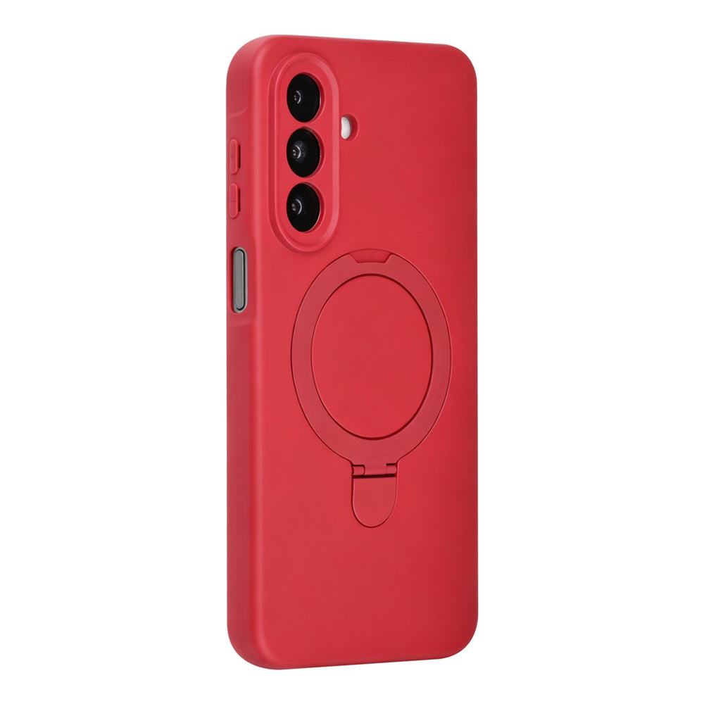 Roodroze TUNIQ telefoonhoesje met ringstandaard, van achteren op een telefoon