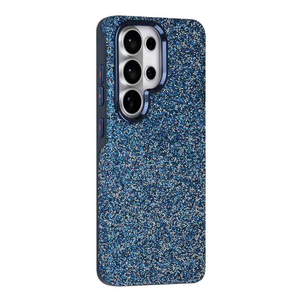 Blauw TUNIQ telefoonhoesje met glitters, van achteren op een telefoon
