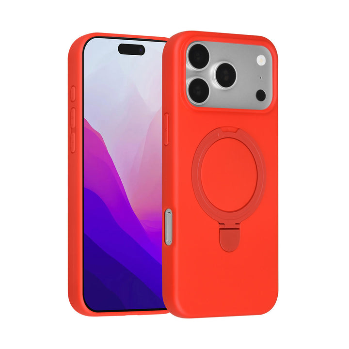Rood TUNIQ telefoonhoesje met ringstandaard, voor- en achterkant op een telefoon