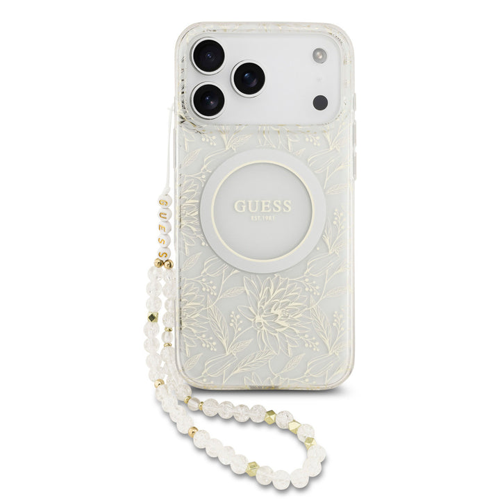 Wit Guess telefoonhoesje met bloemenpatroon en ring met wit parelkoord op een telefoon