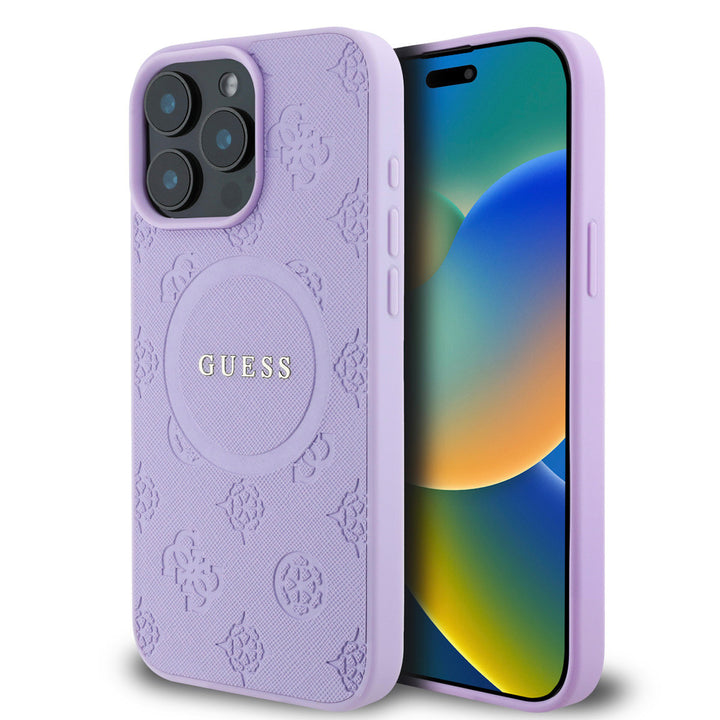 Paars Guess telefoonhoesje met bloemenpatroon en rond logo, voor- en achterkant op een telefoon